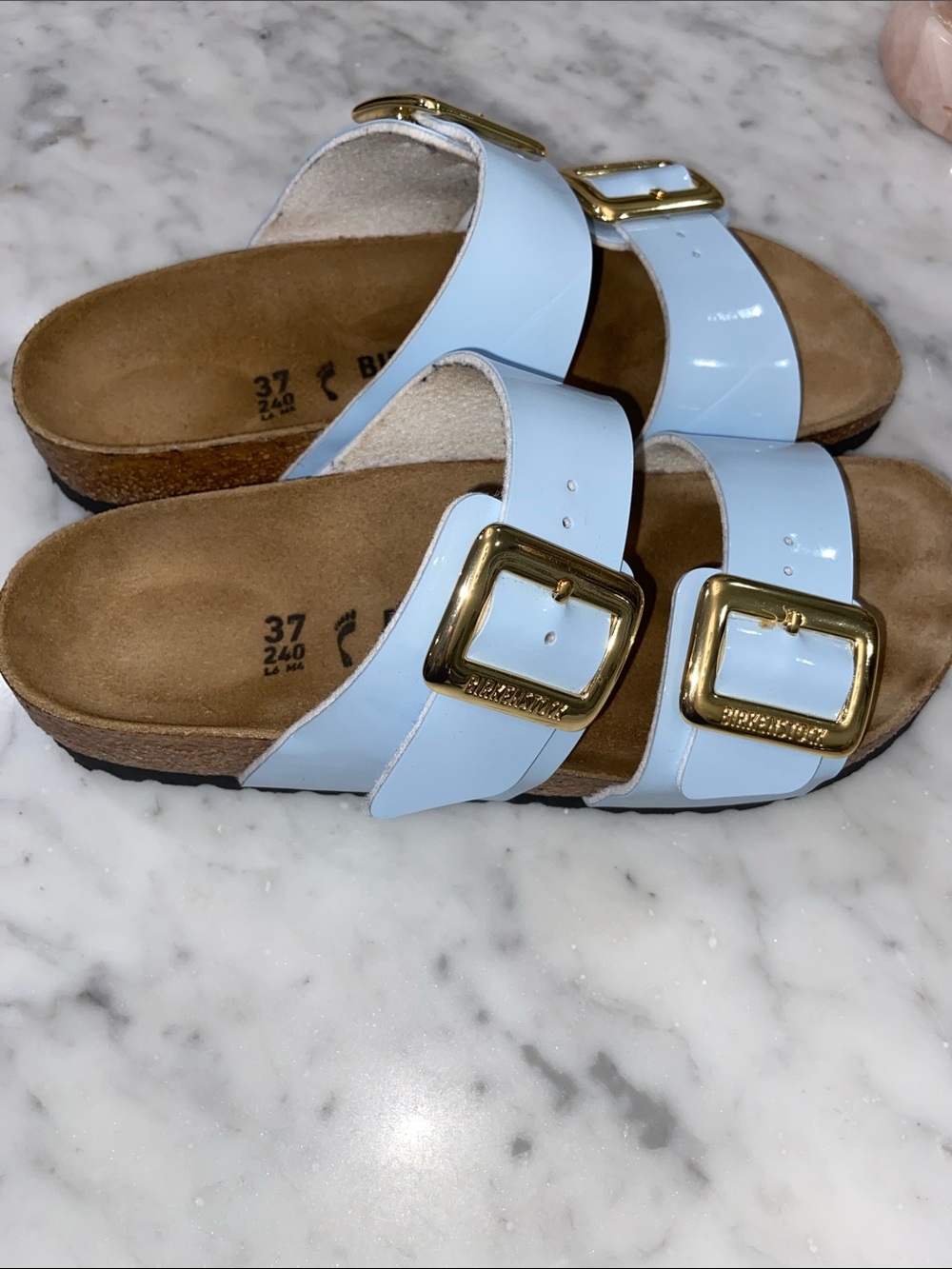 Birkenstock Kids Two-Strap Patent Sandals in Light Blue with Gold Buckles - Picture 2 of 4